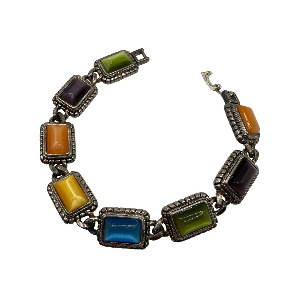 Premier Designs Silver Tone Multi Color Cat Eye Link Bracelet Boho